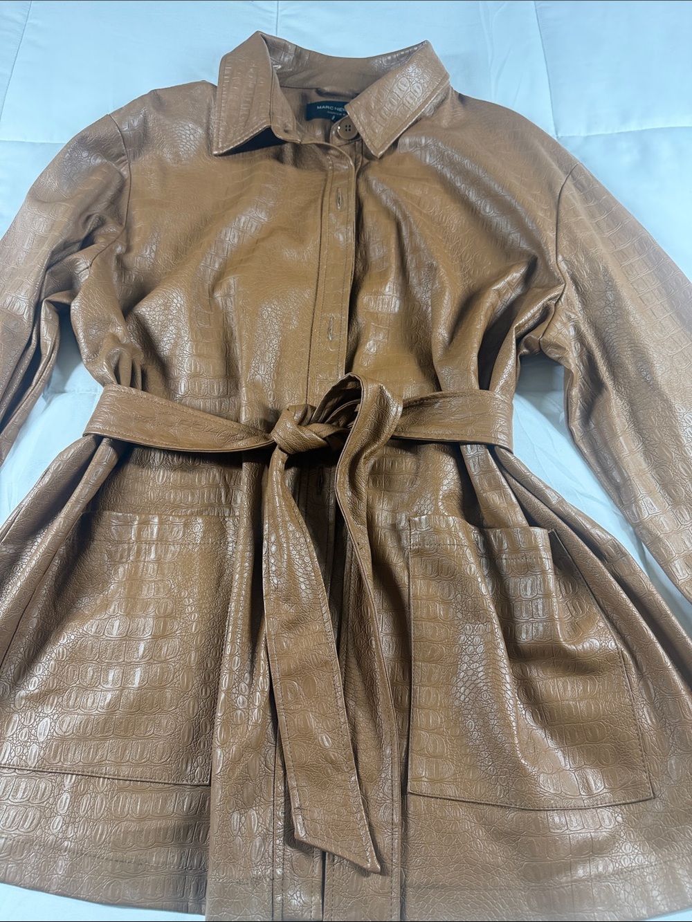 Marc Anthony Croc-Embossed Cognac Faux-Leather Belted Trench Jacket XL - Picture 3 of 11